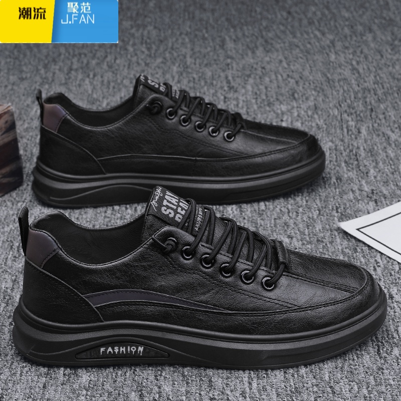 聚范男鞋2024年新款百搭夏季透气皮面休闲小白板鞋运动跑步一脚蹬潮鞋高清大图