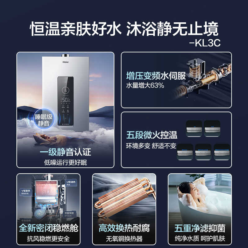海尔燃气热水器天然气13升水伺服恒温 五段微火一级轻音[好梦KL3C]JSQ25-13KL3CFPXCU1高清大图