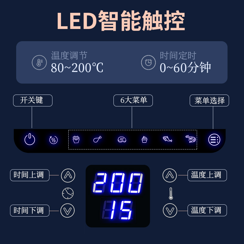 Monda空气炸锅6.5L大容量液晶显示智能触控多功能全自动加热温控时间调节1500瓦功率电炸烤箱薯条机2022新款蓝色