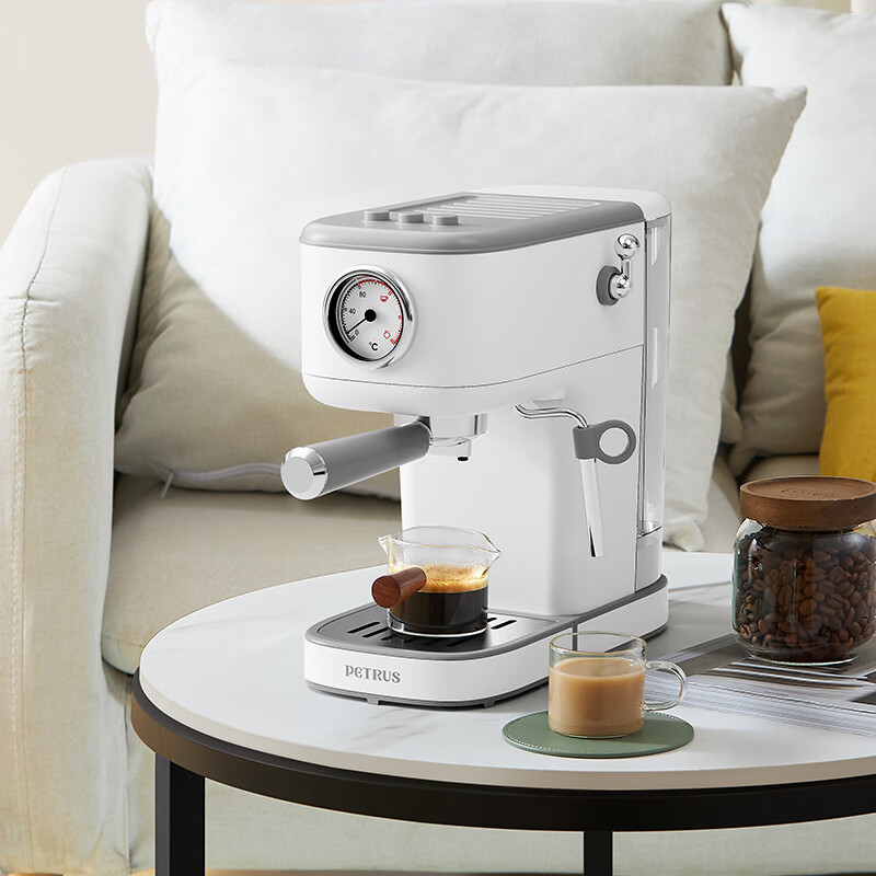 柏翠咖啡机蒸汽量强劲小巧不占地可视水温表轻松上手白色PE3366A高清大图