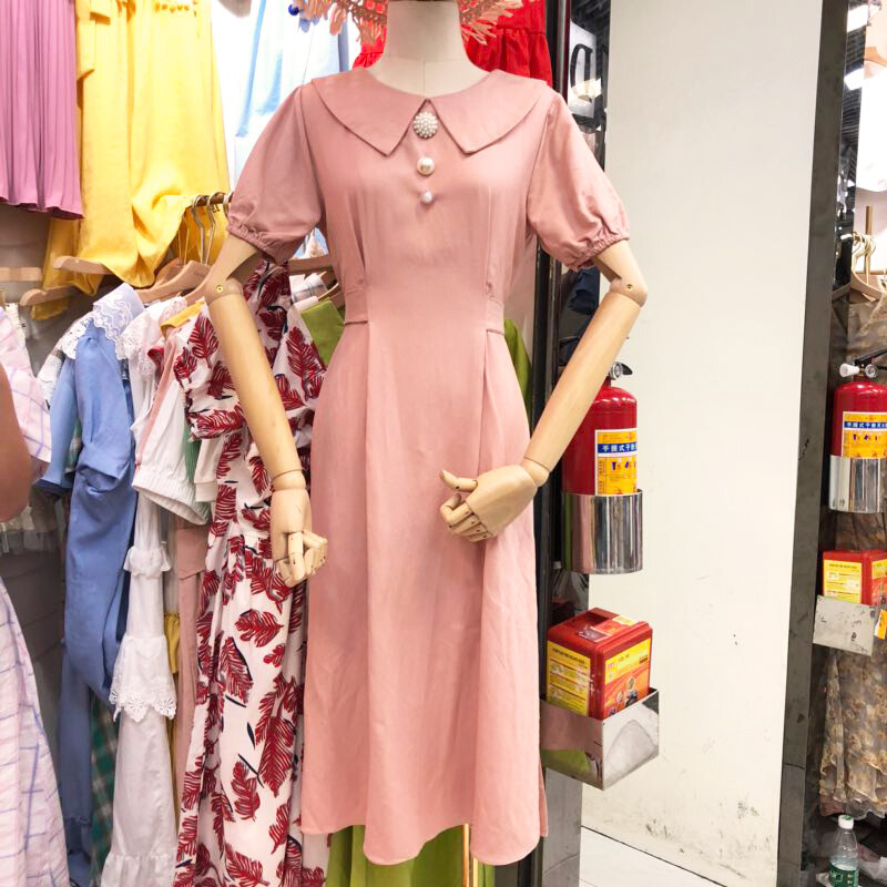 纯色娃娃领短袖连衣裙2018夏装新款时尚韩版淑女风中长款裙子女装果粉均码