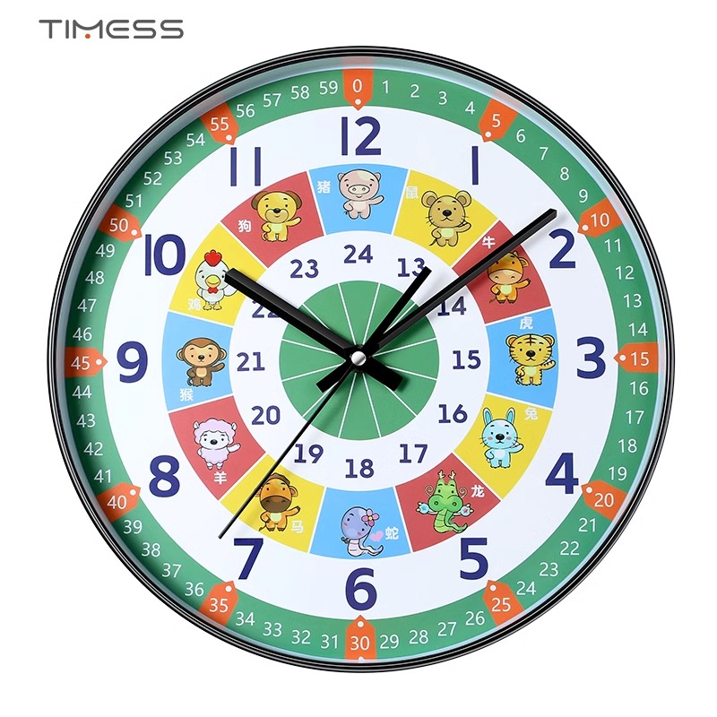 TIMESS早教钟表客厅2024新款免打孔电子钟挂墙挂钟石英钟儿童房卡通卧室
