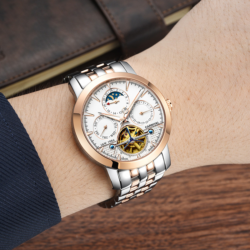 嘉年华CARNIVAL瑞士品牌 手表新款全自动机械表 男士手表镂空钢带防水夜光腕表时尚休闲精钢金属飞轮日月星辰8752高清大图