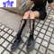Ideamini中筒黑色交叉绑带小腿袜镂空蕾丝jk穿搭薄款女春夏短筒过膝袜丝袜