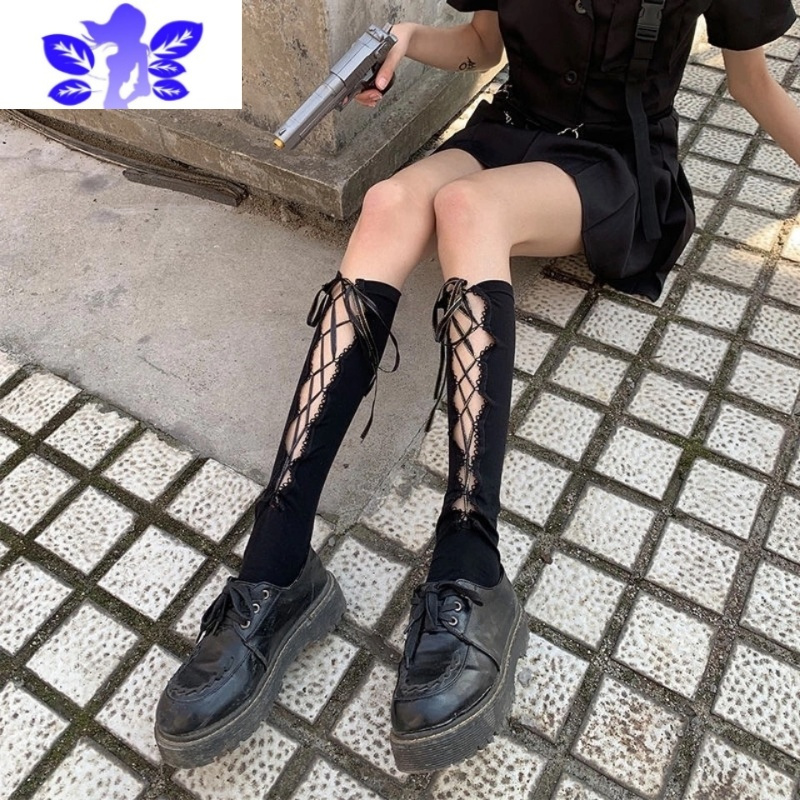 Ideamini中筒黑色交叉绑带小腿袜镂空蕾丝jk穿搭薄款女春夏短筒过膝袜丝袜