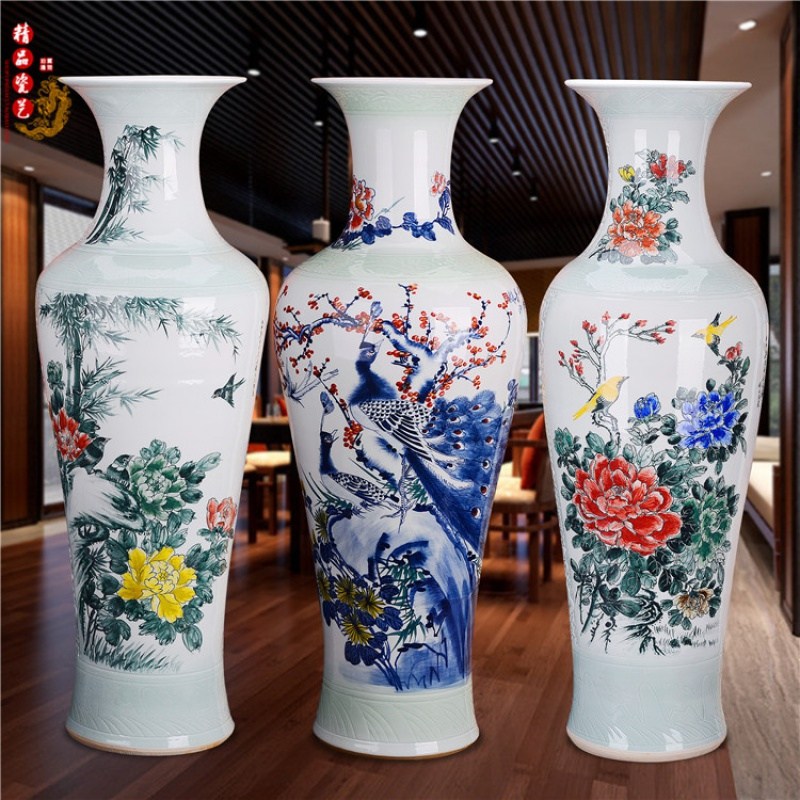 器花瓶手绘粉彩花开富贵1米落地现代客厅家居大号摆件 三维工匠 1.6米花开富贵