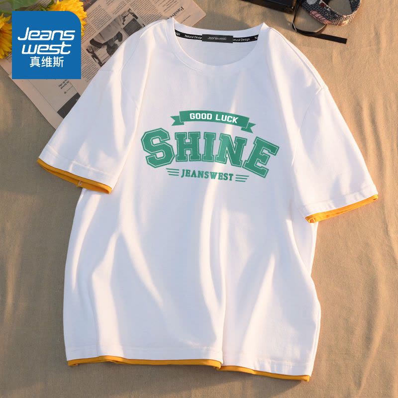 真维斯港风短袖t恤男假两件拼接袖初中生上衣纯棉白色半袖体恤潮图片