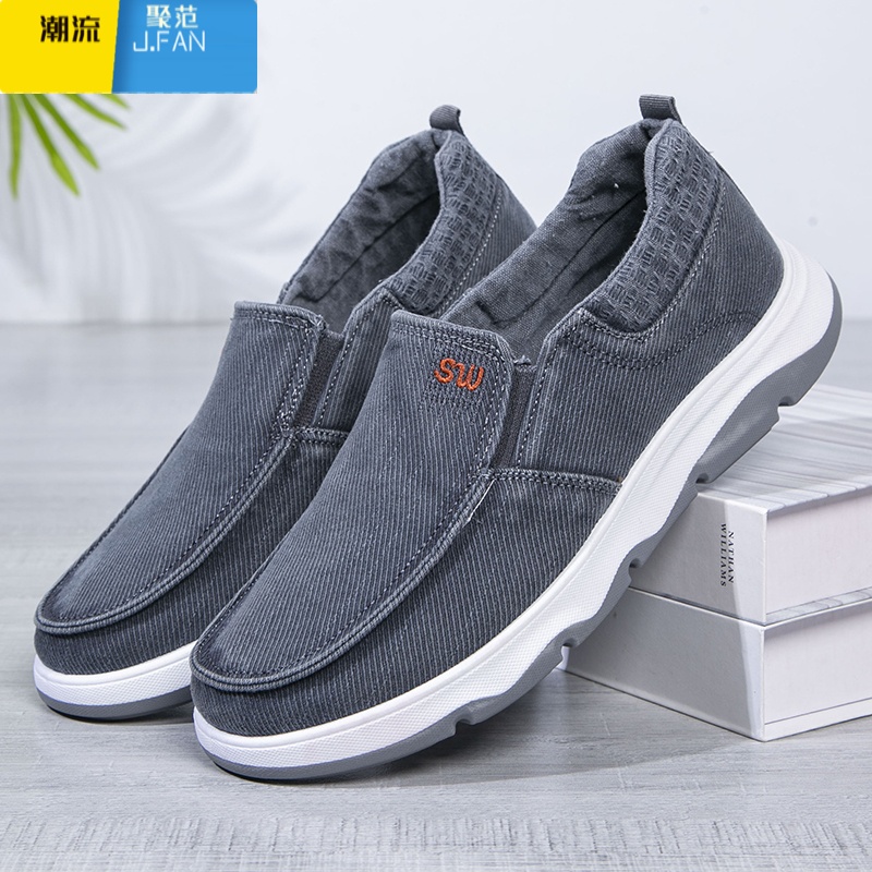 聚范中老年休闲爸爸布鞋一脚蹬帆布鞋春季新款男鞋厚底轻便干活工作鞋高清大图