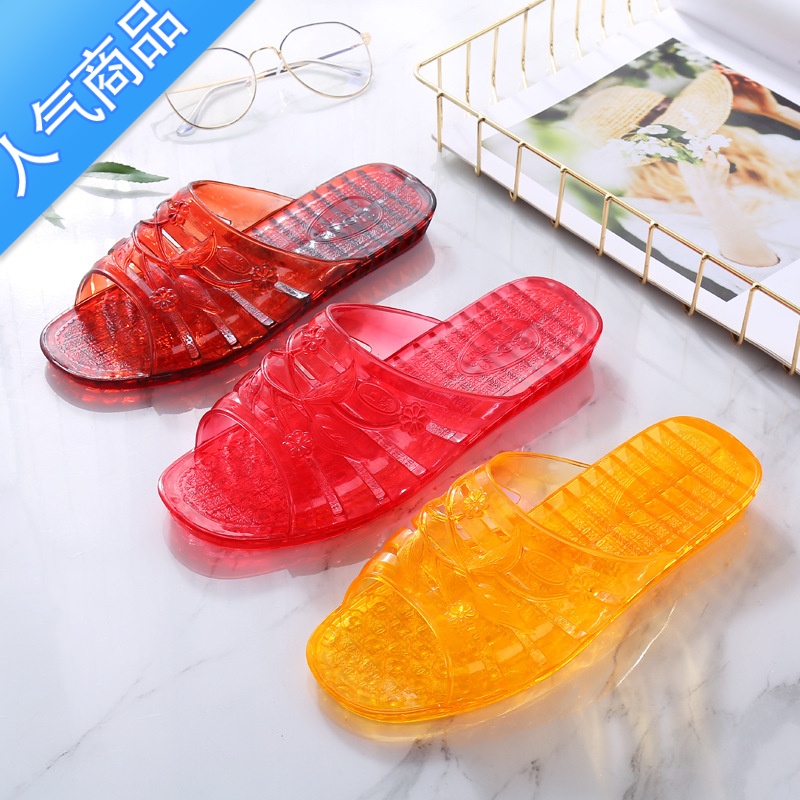 SUNTEK休闲凉拖鞋防滑水晶透明塑胶拖鞋女高跟坡跟厚底外穿妈妈拖鞋高清大图