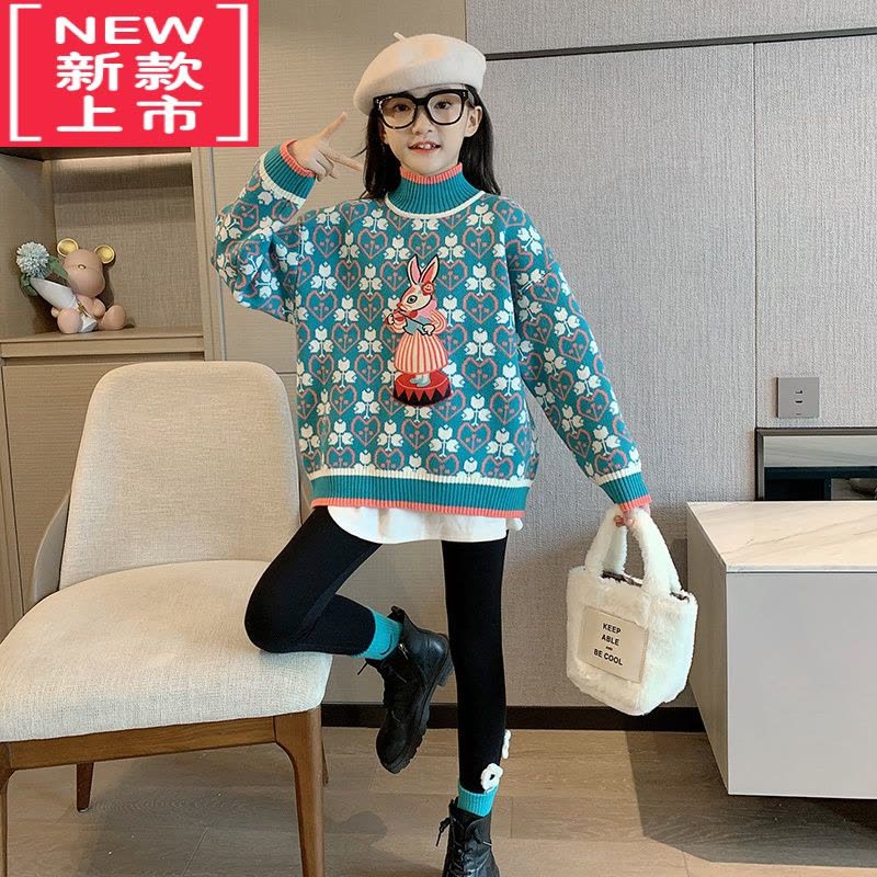可莉允女大童秋冬款加绒加厚毛衣洋气半高领2022新款冬季儿童针织打底衫图片