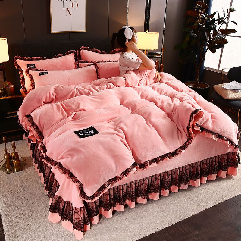 纯色法兰绒床裙四件套韩版加厚双面绒床单被套床裙床上用品四件套