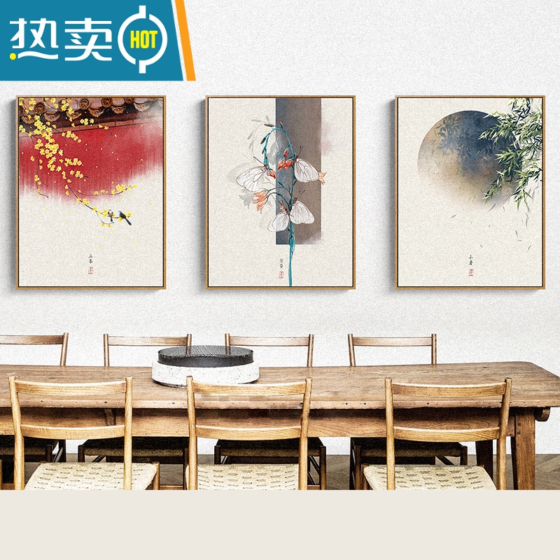 敬平新中式竖版茶室装饰画客厅书房背景墙壁画民宿三联挂画装饰画高清大图