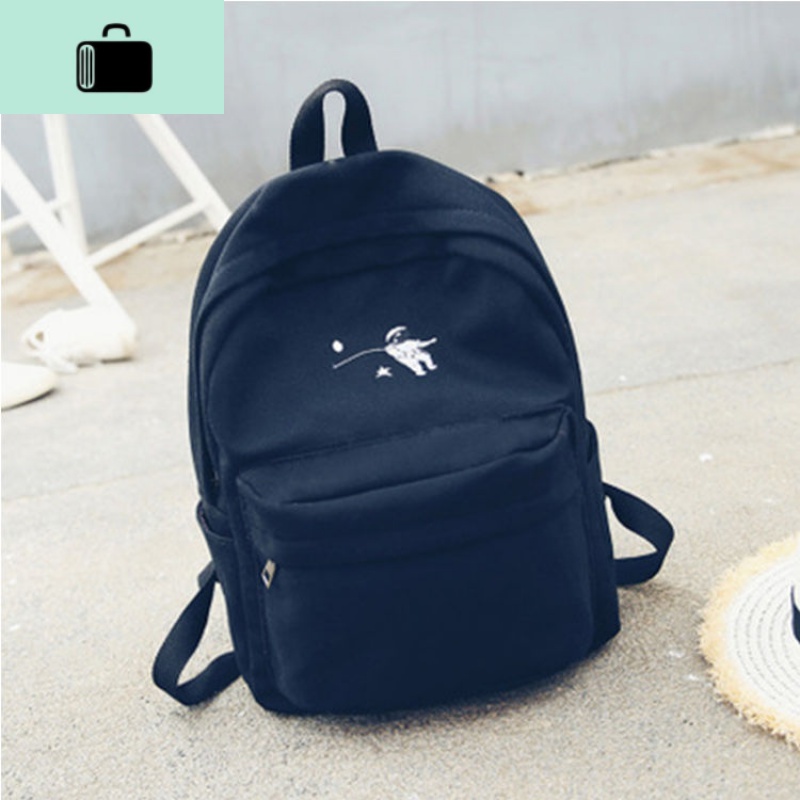日韩版学生书包帆布双肩包女小清新简约纯色背包高中生包学院风潮NEW LAKE 黑色宇航员-加厚版