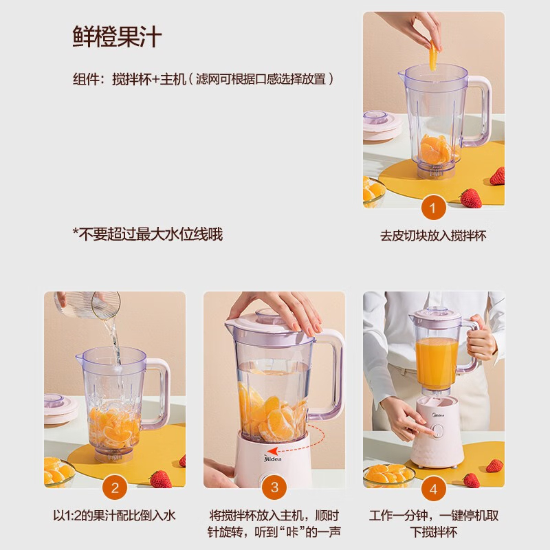 美的(Midea)榨汁机二合一多功能家用搅拌机 果汁机 料理机过滤网粉色迷你1000ml榨汁机WBL2521H