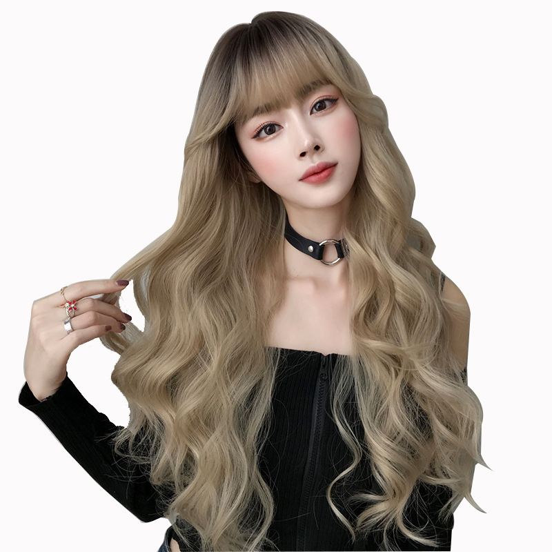 新款金色大波浪假发女长发欧美风长卷发空气刘海全头套定制冷棕色68cm