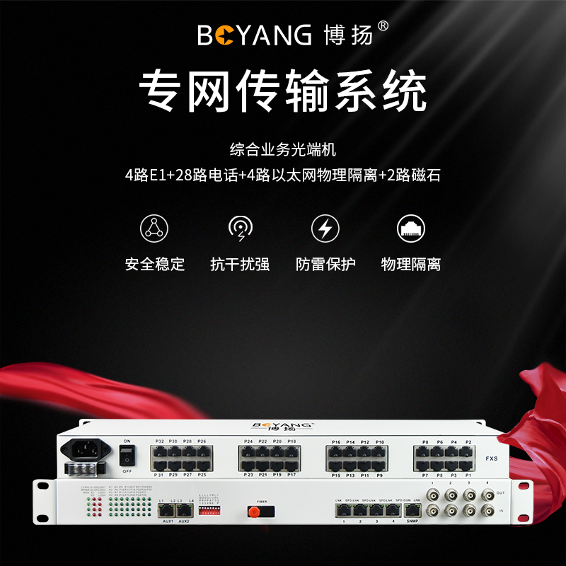 博扬 综合业务电话光端机 4路E1+28路电话+4路以太网物理隔离+2路磁石 单纤100km 机架式 1对价