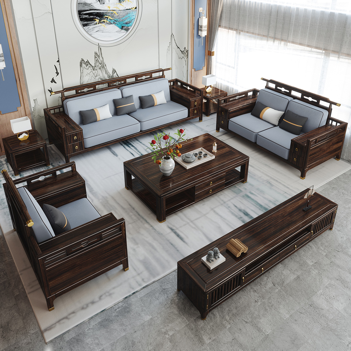 月影梳桐乌金木新中式实木沙发组合高档别墅扶手箱储物家具客厅套装大