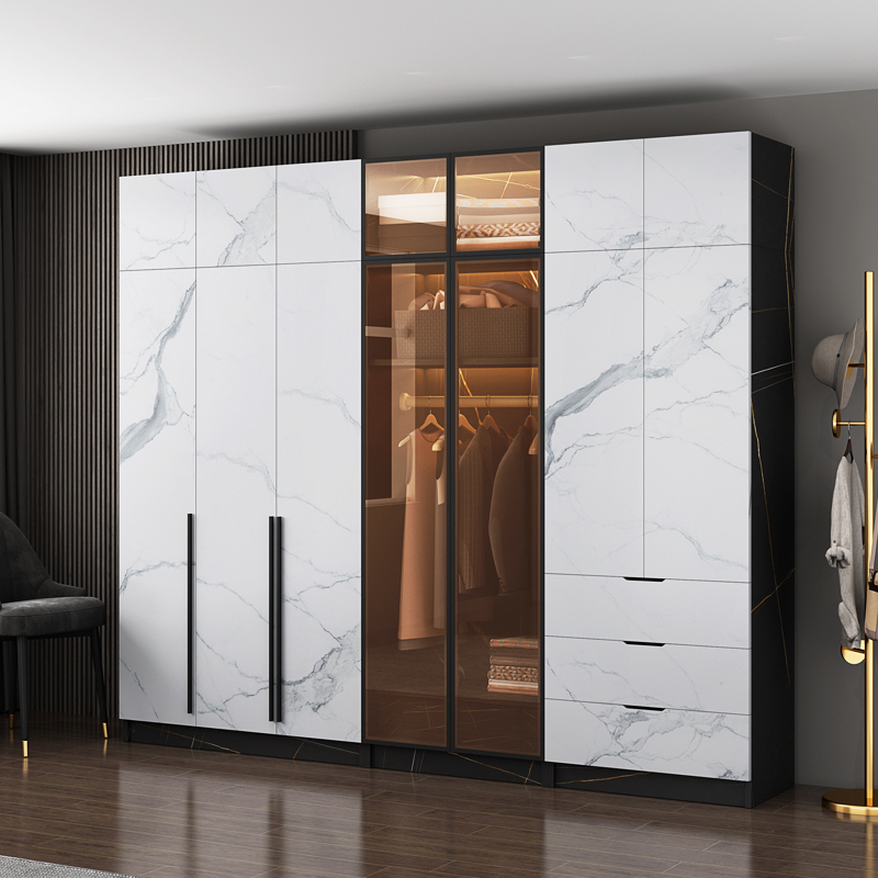 凯丽罗拉衣柜衣橱整体衣柜组合卧室柜子直排转角柜轻奢简约岩板纹理大