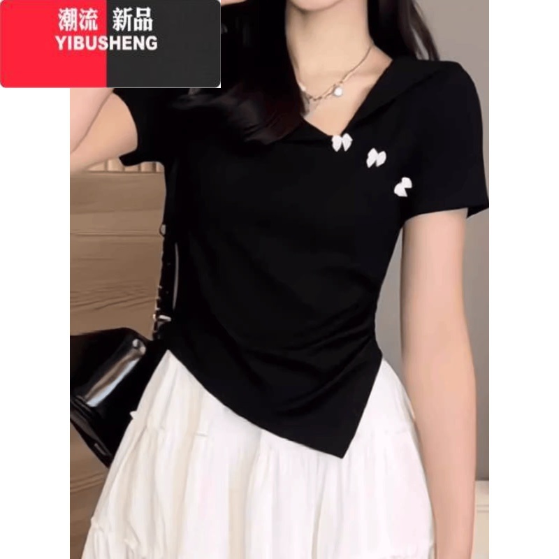 YIBUSHENG不规则翻领正肩短袖T恤女2024季大码胖mm显瘦小众收腰甜辣上衣高清大图