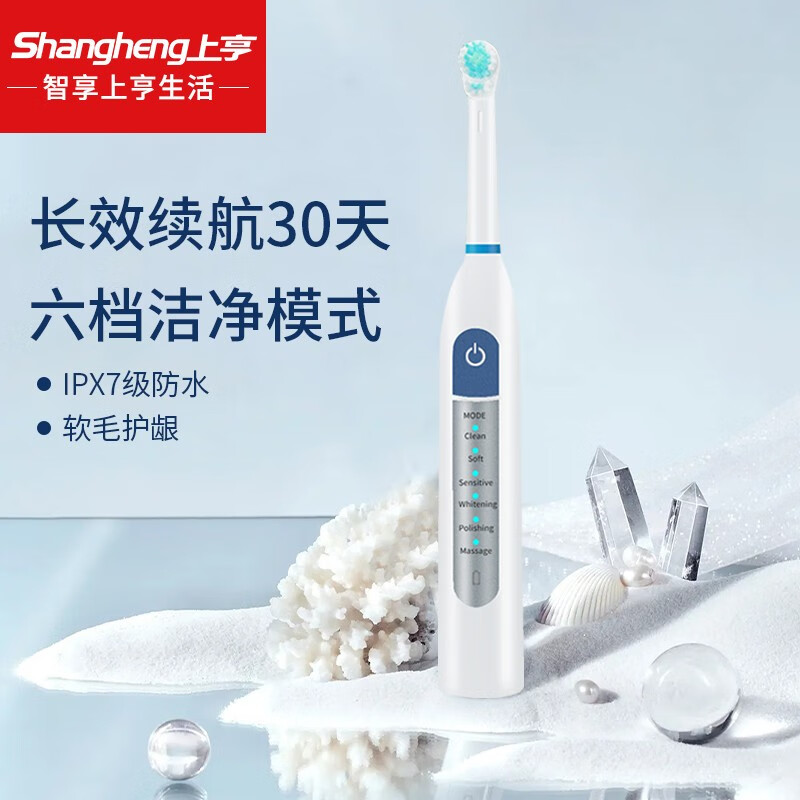 上亨(shangheng) 电动牙刷全自动防水成人智能声波座充美白男女士软毛牙刷超长续航牙医推荐 蓝白色、
