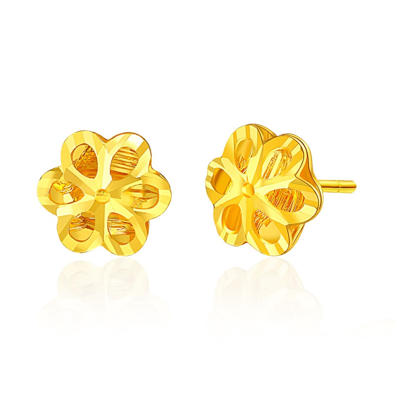 老庙足金黄金繁花耳针耳饰简约时尚黄金星星樱花耳钉女一对