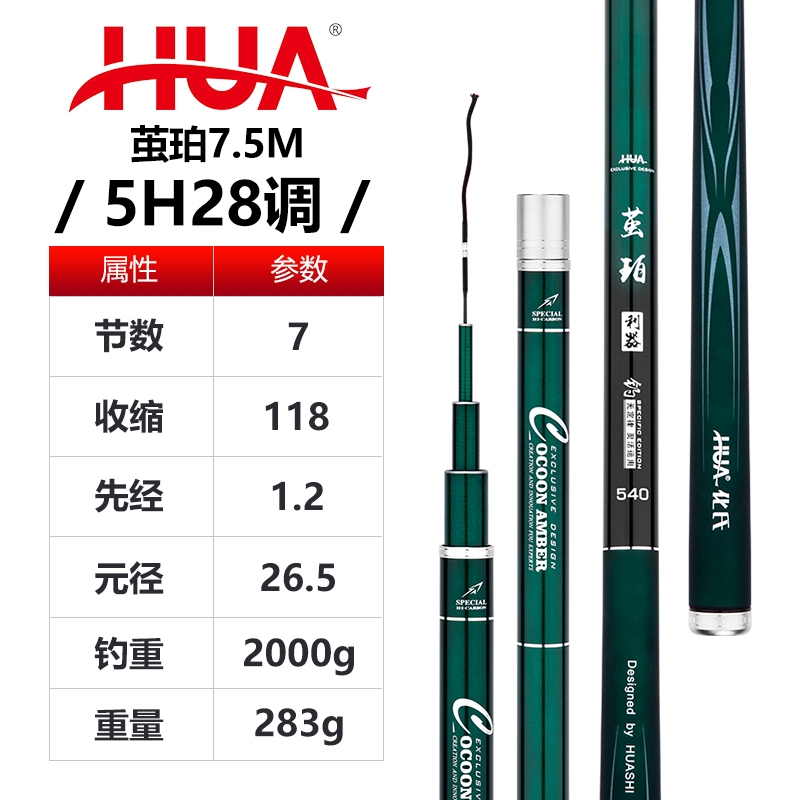 化氏旗舰龙纹鲤茧珀利器轻硬鱼竿4.5 5.4 6.3米手竿28调黑坑鲤鱼竿 化氏茧珀利器7.5米（全水域综合竿） 常规