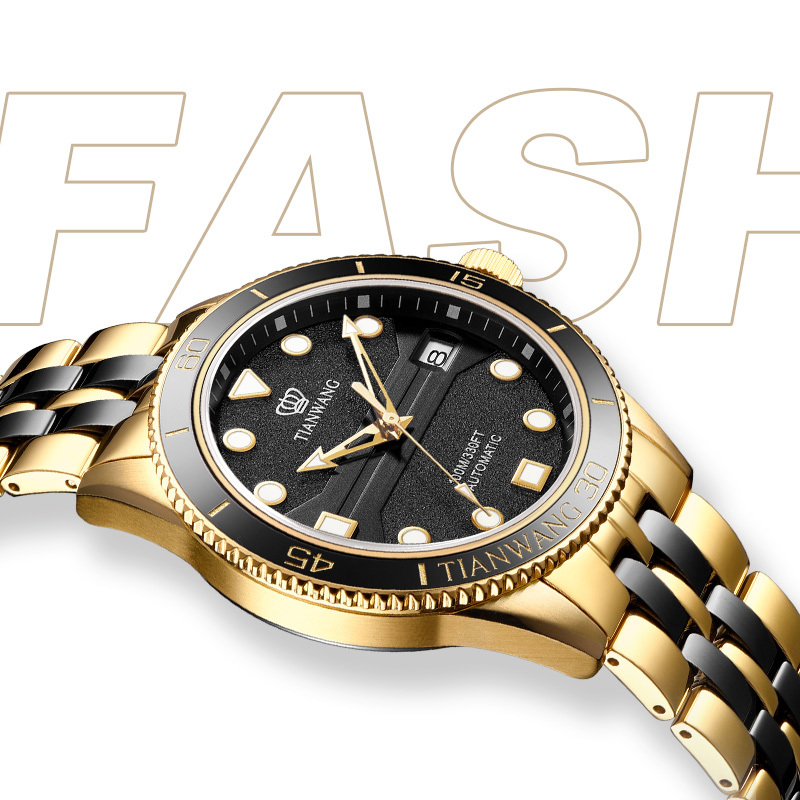 天王表男士机械表闪耀黑金钢带男表夜光显示2023年限定款101163