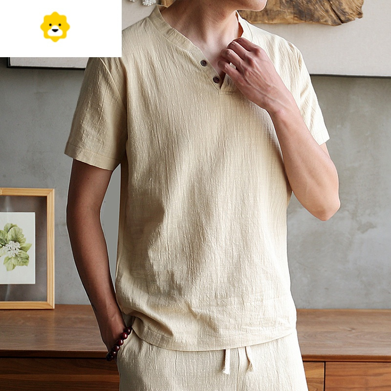 fishbasket夏季中国风亚麻套装男休闲棉麻短袖t恤男装古风衣服唐装