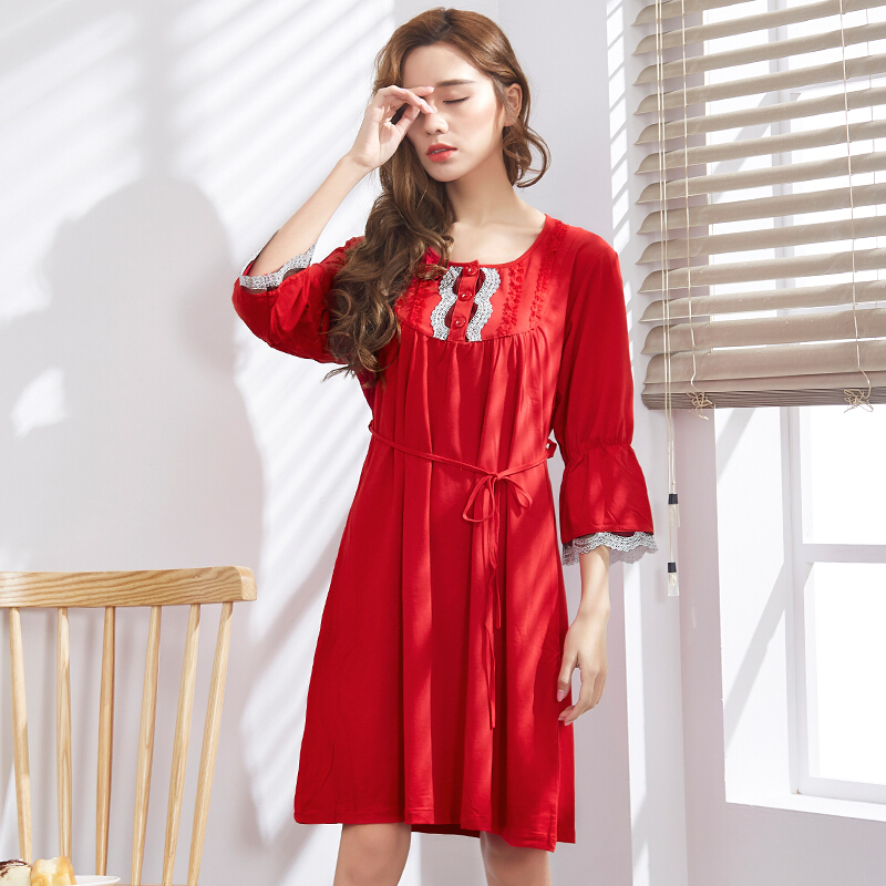 波迷娜bomina红色睡裙女夏季纯棉妈妈大码秋天睡衣本命年裙子中长款