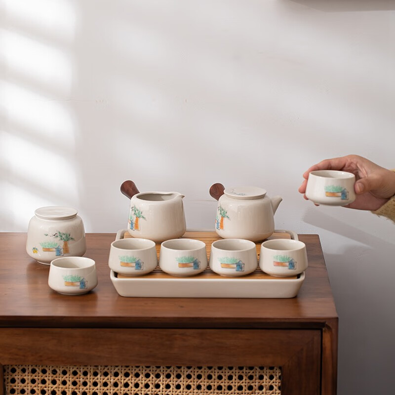 苏氏陶瓷(SUSHI CERAMICS) J0506 草木壶茶具组-春意(杯壶茶盘茶叶罐) 10件套 (单位:套)高清大图