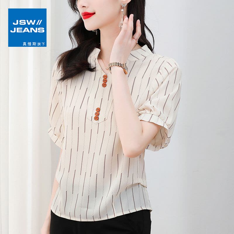 真维斯旗下JSW雪纺条纹短袖衬衣女夏新款V领宽松显瘦百搭韩版上衣图片