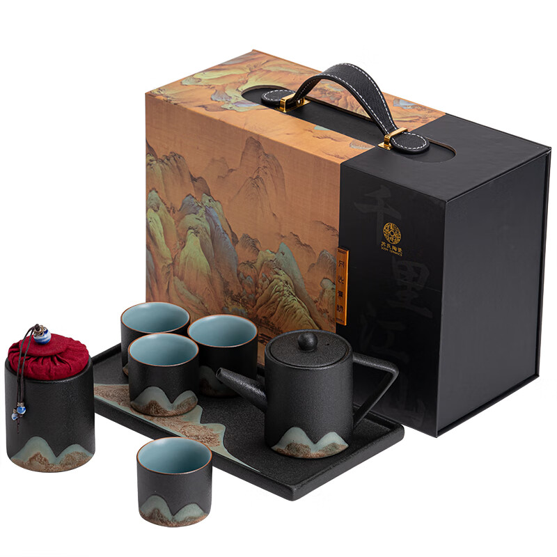 苏氏陶瓷/SUSHI CERAMICS J0180 手绘彩画整套茶具配干泡茶盘小茶叶罐7件礼盒套装 (单位:盒)