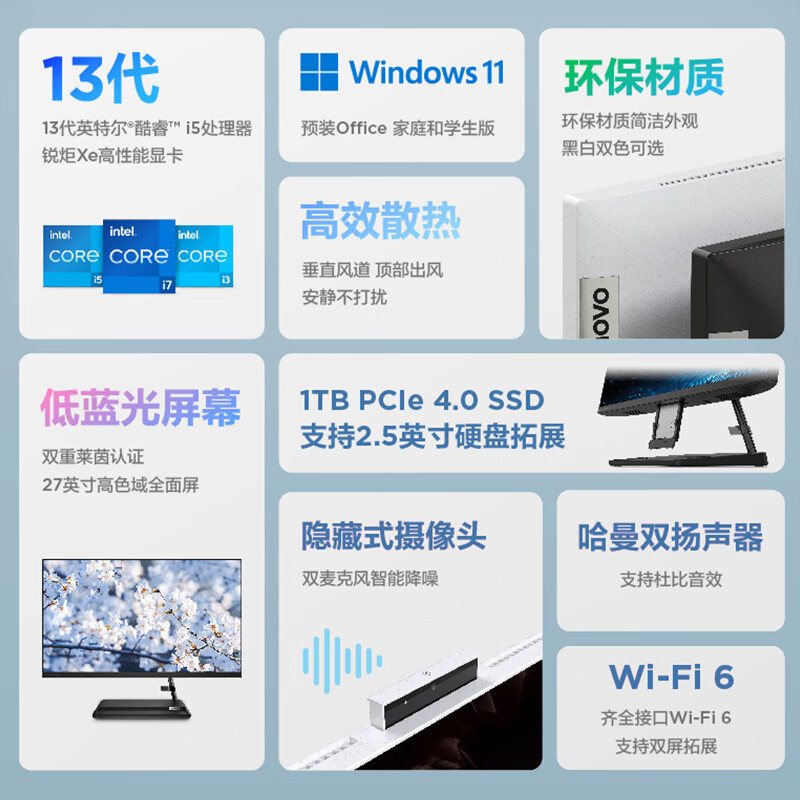 联想(Lenovo)小新一体台式机电脑27英寸(13代酷睿i5-13500H 16G 1TB SSD 摄像头 win11 摄像头 Wifi )白色
