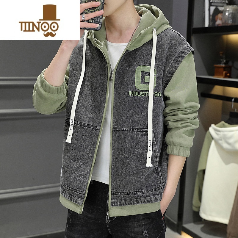 YANXU2023年新款薄款外套男连帽假卫衣牛仔夹克帅气男装褂子潮高清大图