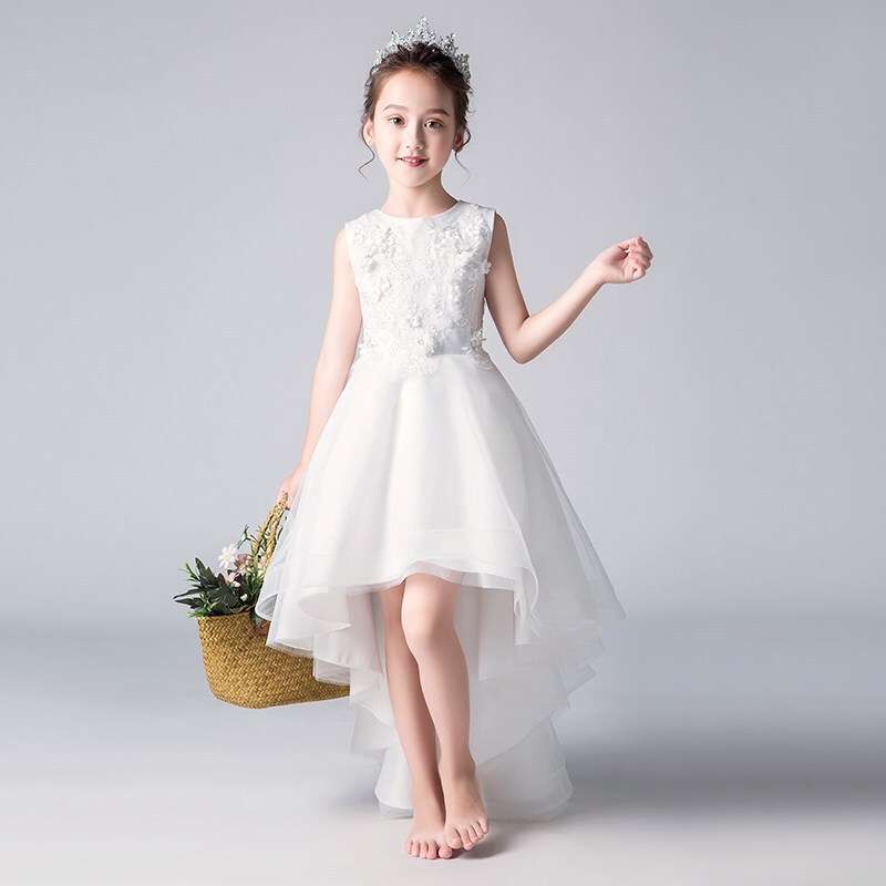 女童生日公主裙蓬蓬纱2018新款儿童走秀白色小主持人晚礼服拖尾夏白色