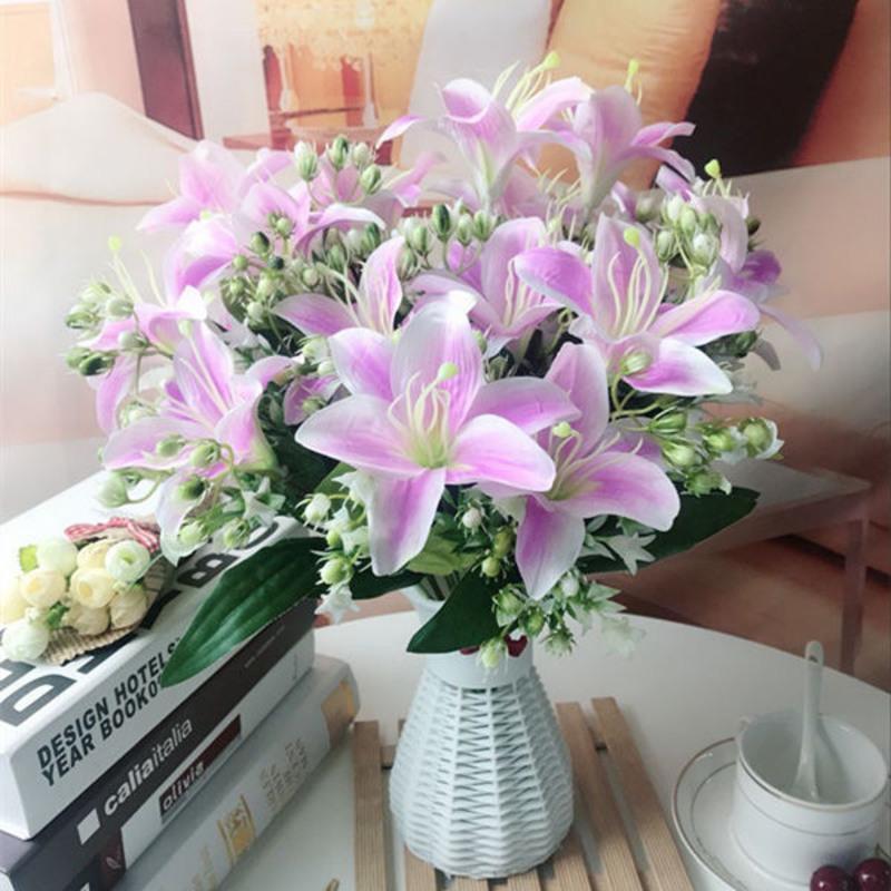 仿真花百合花玫瑰假花塑料花室内家居客厅塑料花餐桌摆件花艺装饰 优雅百合粉色单束（不带花瓶）