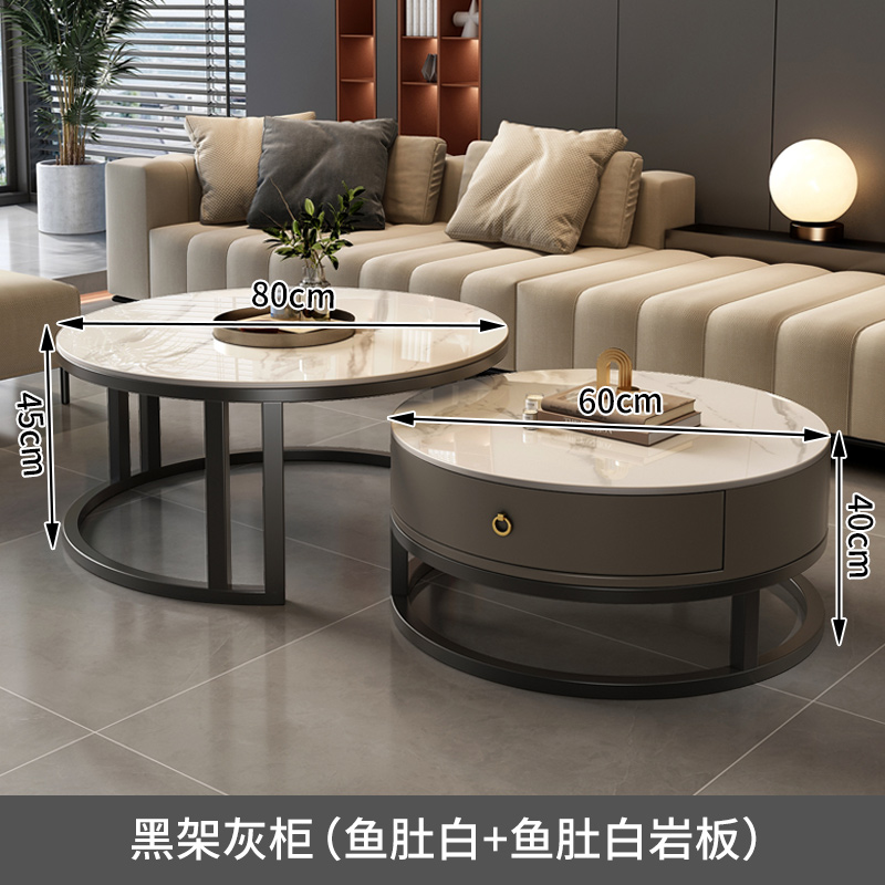 岩板茶几简约客厅现代ins圆形茶桌小户型网红轻奢茶几组合 【升级亮光】50CM潘多拉+70CM鱼肚白 畅销款