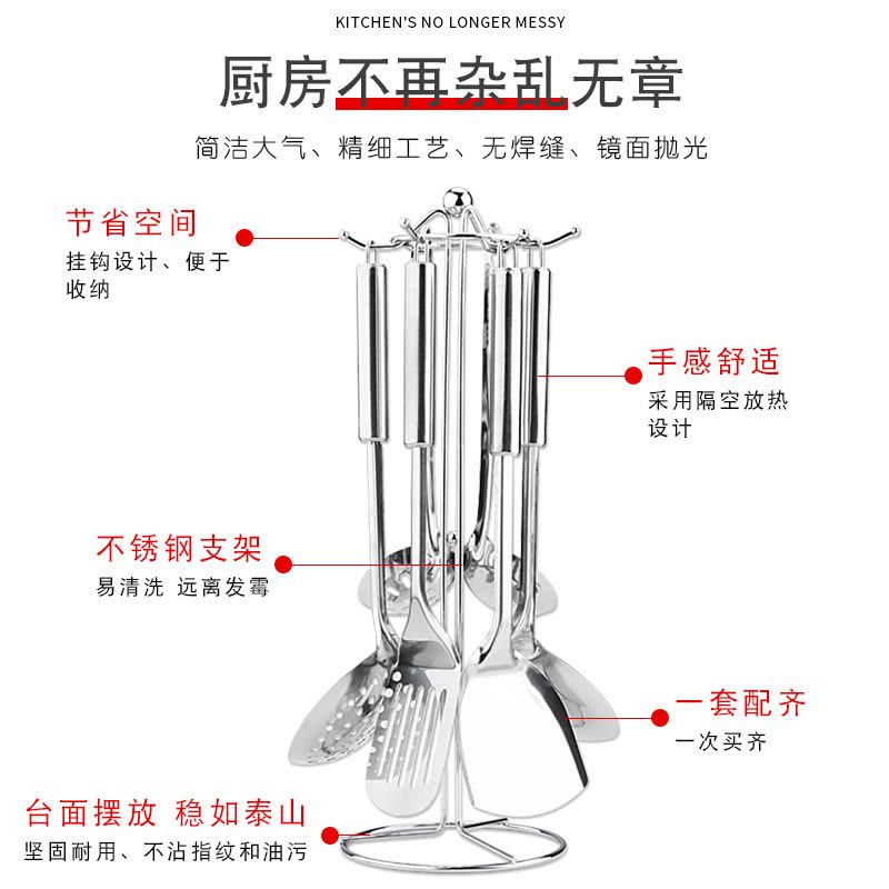 厨房不锈钢炒菜勺铲子切菜刀家用锅铲汤勺漏勺全套厨具套装勺子 敬平 菜板菜刀铲漏勺五件套图片