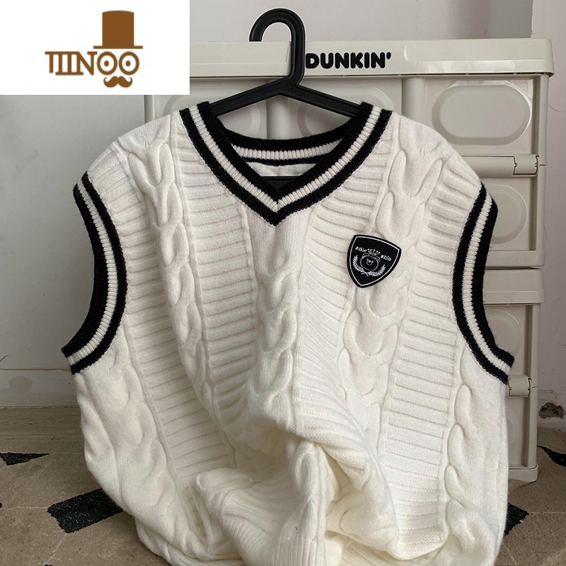 YANXU加肥大码日系学院风针织马甲男款300斤宽松叠穿无袖情侣毛衣上衣高清大图