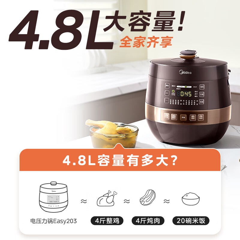 美的(Midea)电压力锅电高压锅压力锅4.8升家用多功能智能压力煲双胆煮饭炖菜电饭煲炖菜锅YL50Easy203高清大图