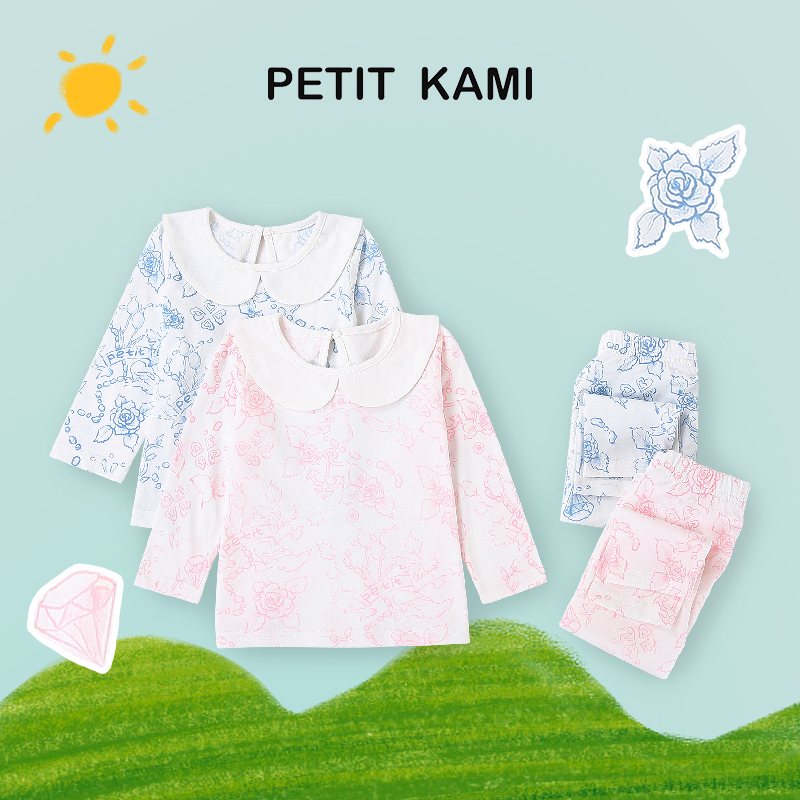 Petitkami2021秋冬婴童花卉印花彼得潘领长袖长裤分体套装