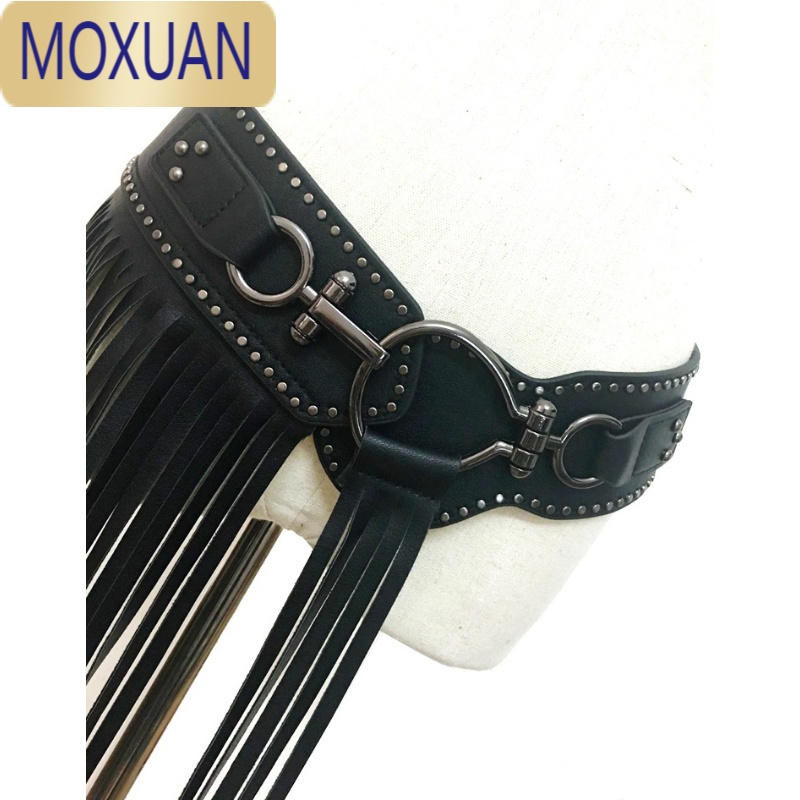 MOXUAN欧美个性长流苏裙子女士腰封时尚铆钉宽腰带松紧朋克风黑色皮带潮