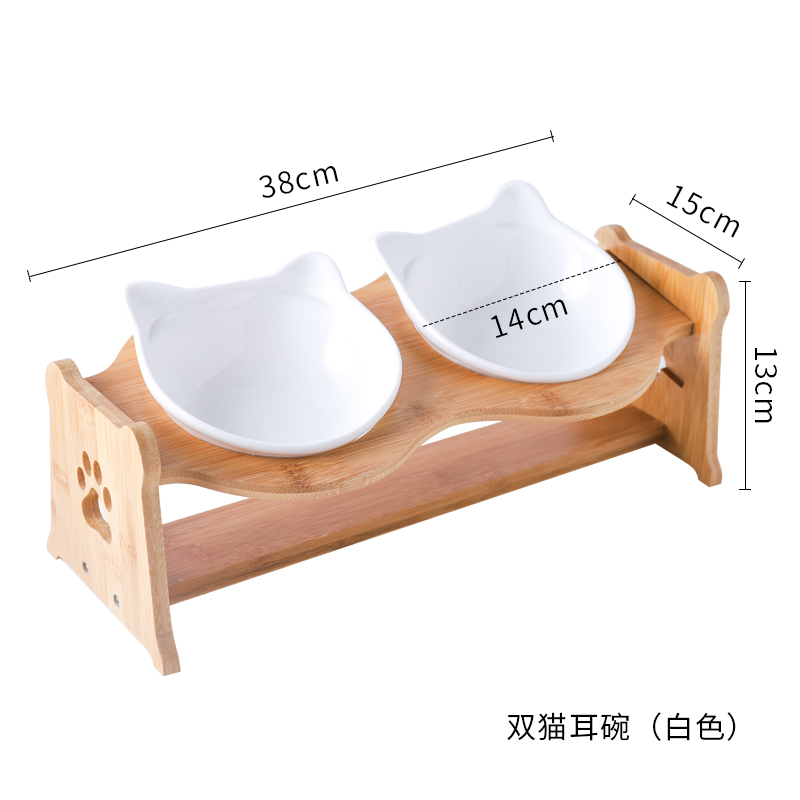 猫碗宠物用品碗陶瓷双碗食盆防打翻木架护颈吃饭喝水斜口碗猫咪碗 猫耳双碗+木架+纯白色 高度调节大小通用