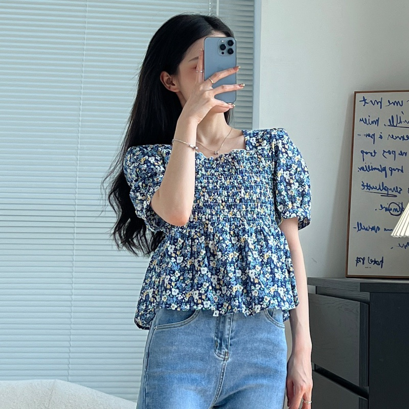 [1.5折价48元]唐狮 |夏季衬衣女式上衣方领小碎花收腰短袖T恤森系可爱风