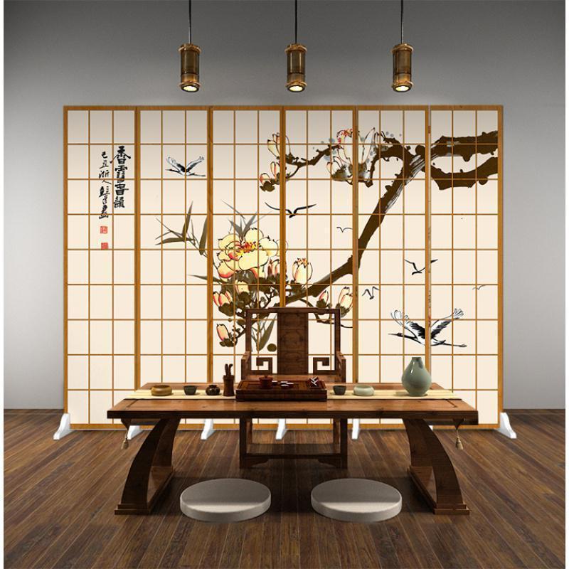 森美人日式仿木纹格子屏风隔断客厅现代简约双面移动布艺时尚可折叠折屏 桔色6扇防透宽2.4米