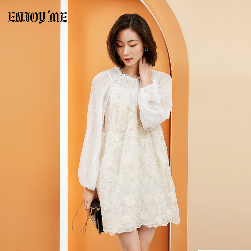 ENJOY’ME连衣裙20女装春季新品网纱蕾丝拼接灯笼袖透视仙女裙