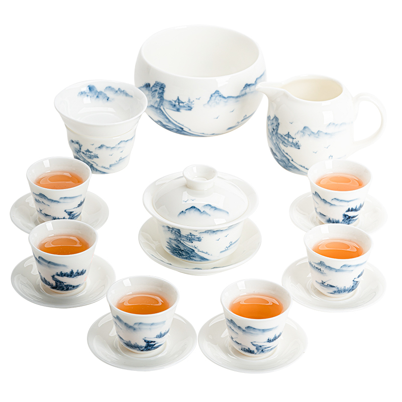 苏氏陶瓷(SUSHI CERAMICS)手绘羊脂玉茶具省级陶瓷艺术大师陈建瑞手工山水画三才盖碗礼盒装