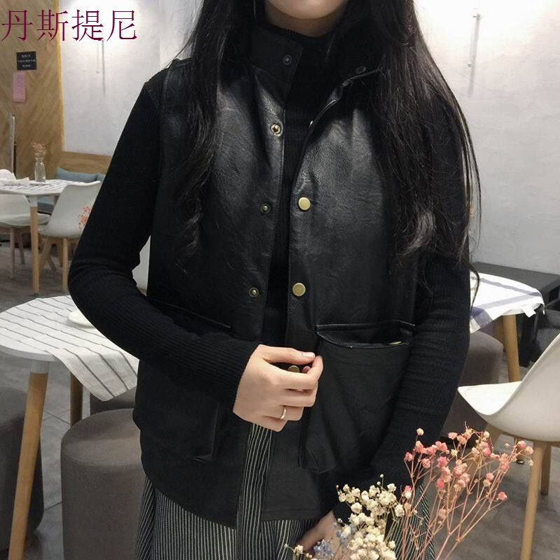 春秋韩版PU皮马甲女港味短款百搭机车无袖皮衣背心坎肩潮 黑色 均码
