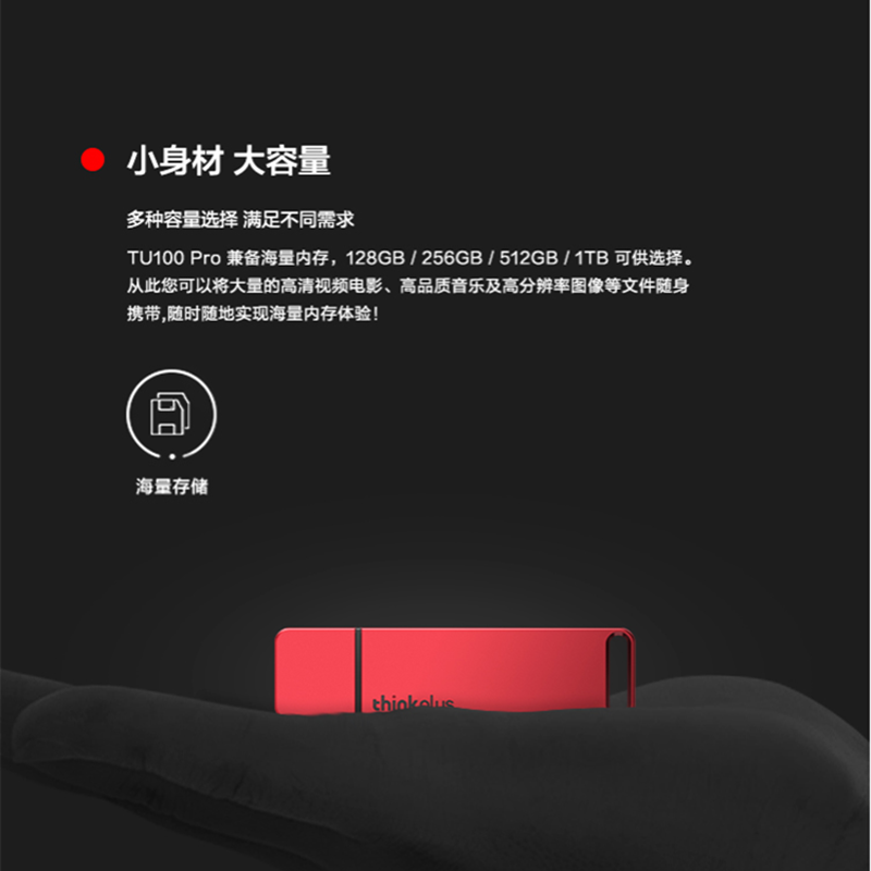 联想ThinkPlus 移动固态U盘 1000Mb/s USB3.2高速传输闪存U盘 TU100Pro 红色 1TB高清大图