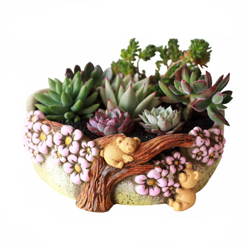 津沽园艺 Jinguyuanyi 园艺用品津沽园艺小熊爬树大号黄底田园风凹凸图案浮雕圆形水泥多肉盆宜家中国风多肉花器1个 价格图片